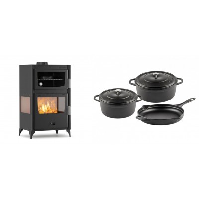 Set Kaminofen, Holzofen mit Backfach Velmora Fire ATS 90-30 3SIDE, 15.18kW + Gusseisen Topf Set aus 3 teilen Solagio, Black Onyx - Kaminofen - Holzofen mit Backfach