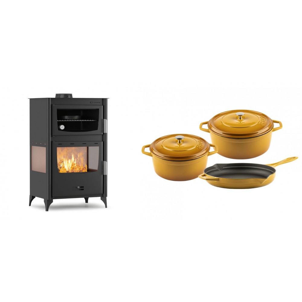 Set Kaminofen, Holzofen mit Backfach Velmora Fire ATS 90-30 3SIDE, 15.18kW + Gusseisen Topf Set aus 3 teilen Solagio, Dijon