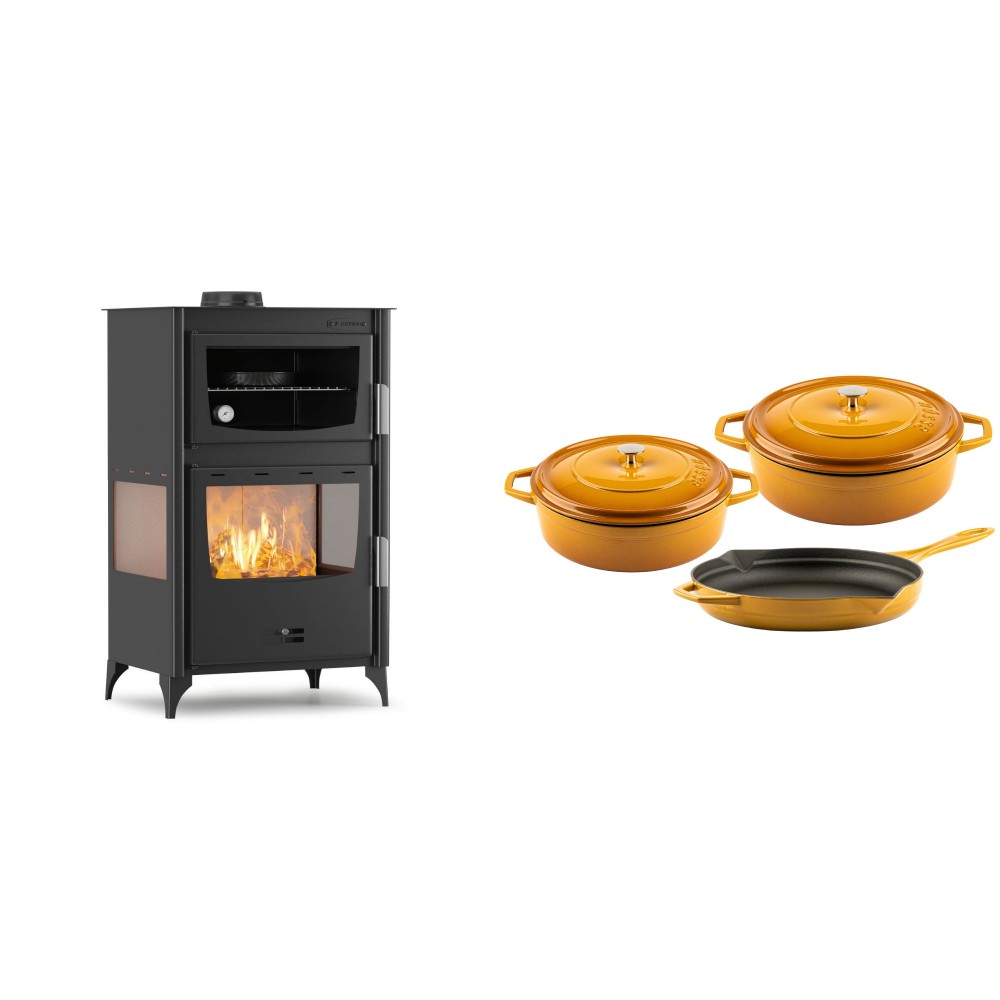 Set Kaminofen, Holzofen mit Backfach Velmora Fire ATS 90-30 3SIDE, 15.18kW + Gusseisen Topf Set aus 3 teilen Solagio, Dijon