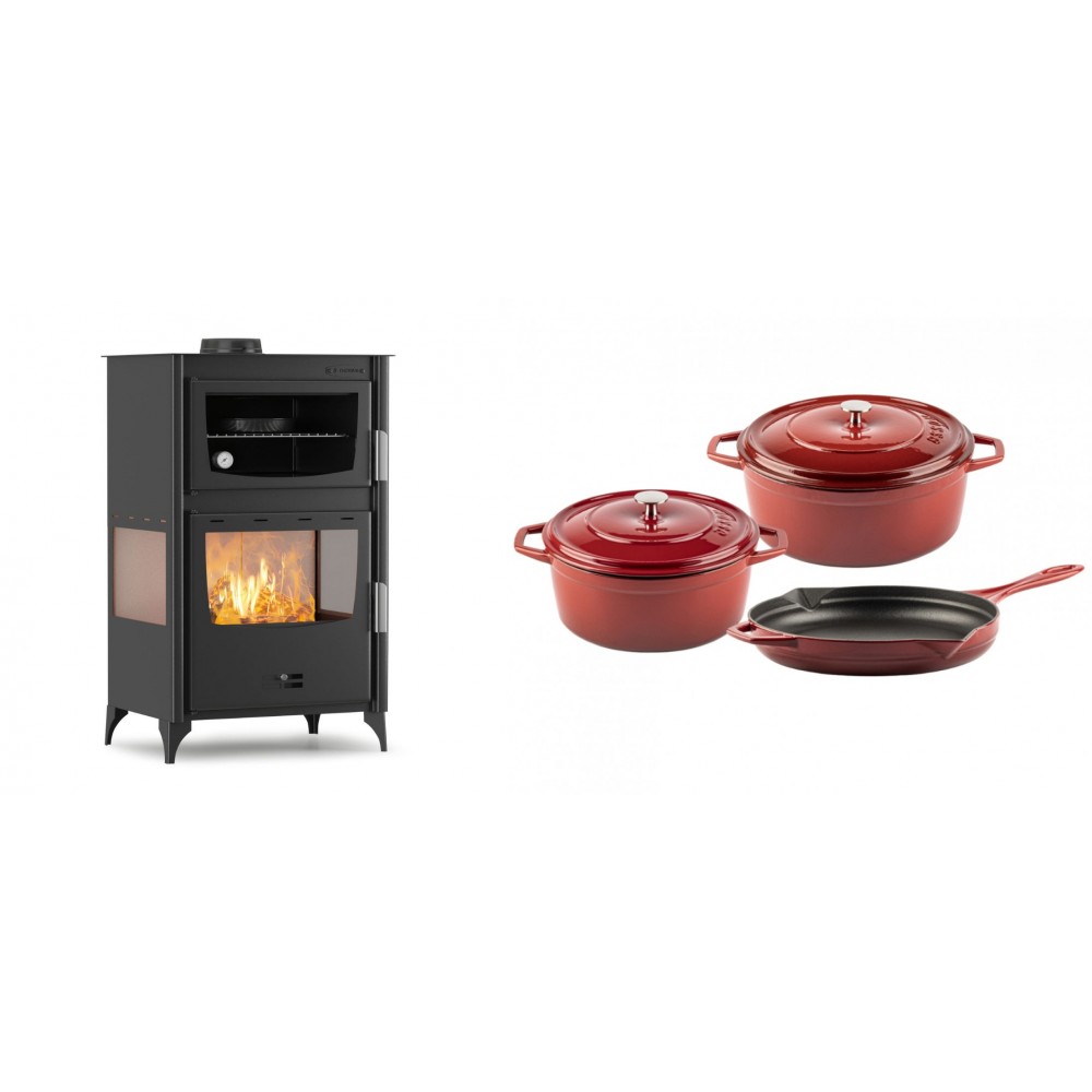 Set Kaminofen, Holzofen mit Backfach Velmora Fire ATS 90-30 3SIDE, 15.18kW + Gusseisen Topf Set aus 3 teilen Solagio, Rubin | Holzofen | Kaminofen |