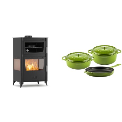 Set Kaminofen, Holzofen mit Backfach Velmora Fire ATS 90-30 3SIDE, 15.18kW + Gusseisen Topf Set aus 3 teilen Solagio, Bamboo - Kaminofen - Holzofen mit Backfach