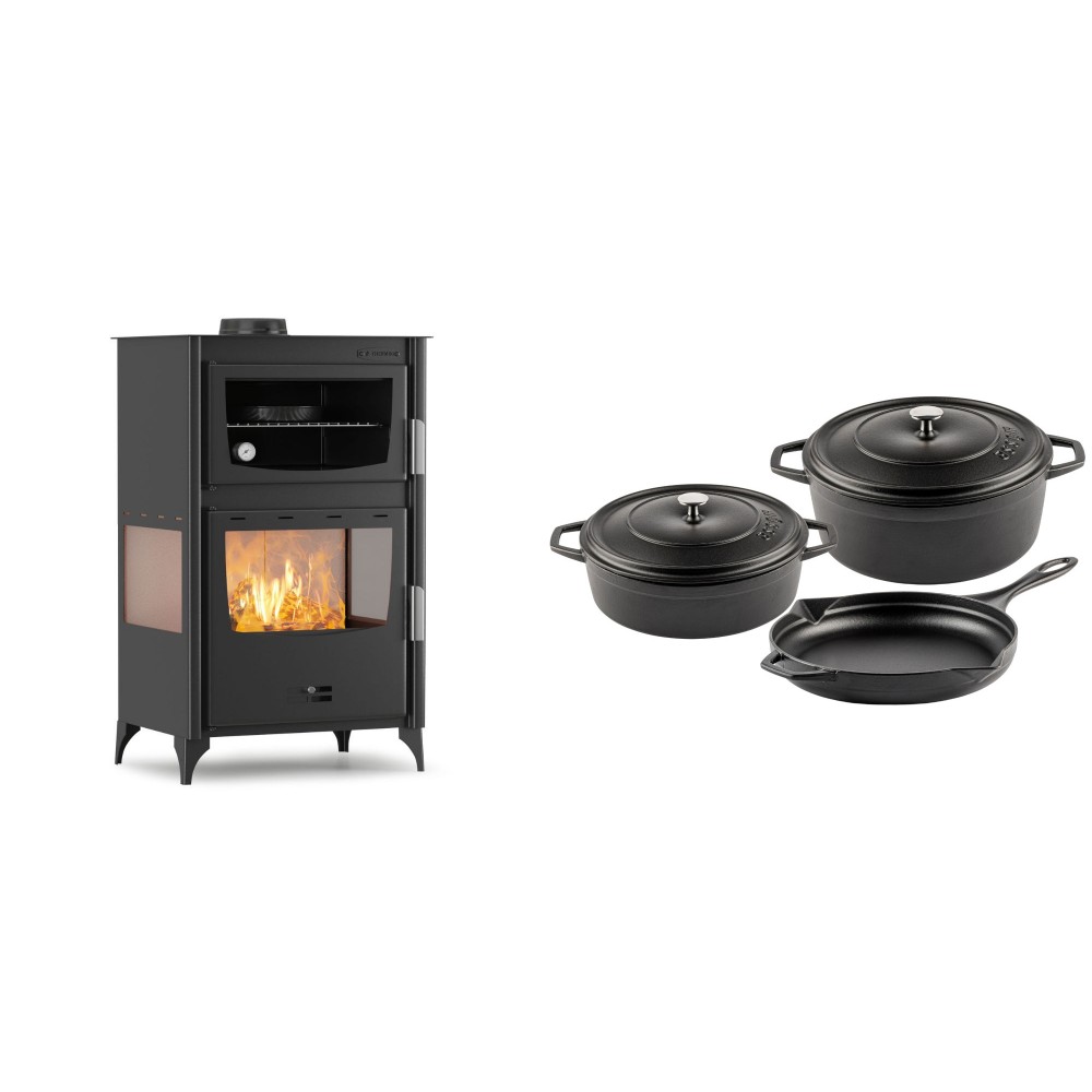 Set Kaminofen, Holzofen mit Backfach Velmora Fire ATS 90-30 3SIDE, 15.18kW + Gusseisen Topf Set aus 3 teilen Solagio, Black Onyx | Holzofen | Kaminofen |