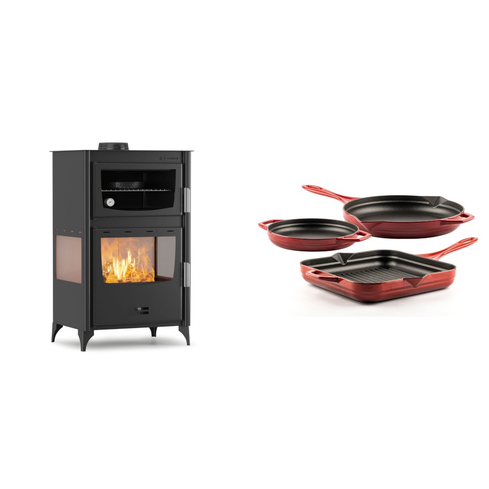 Set Kaminofen, Holzofen mit Backfach Velmora Fire ATS 90-30 3SIDE, 15.18kW + Gusseisen Topf Set aus 3 teilen Solagio, Rubin