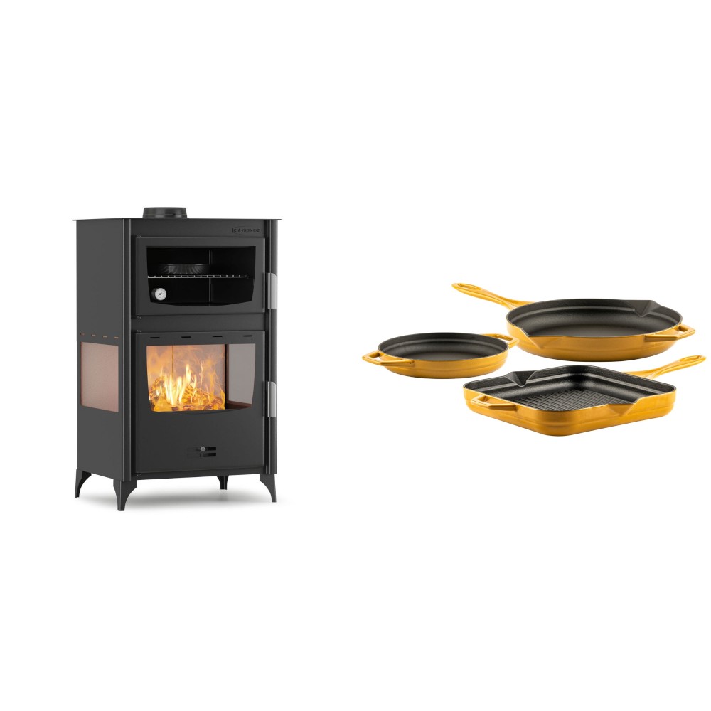 Set Kaminofen, Holzofen mit Backfach Velmora Fire ATS 90-30 3SIDE, 15.18kW + Gusseisen Topf Set aus 3 teilen Solagio, Dijon | Holzofen | Kaminofen |