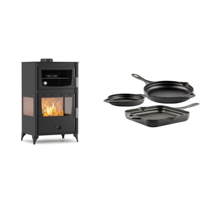 Set Kaminofen, Holzofen mit Backfach Velmora Fire ATS 90-30 3SIDE, 15.18kW + Gusseisen Topf Set aus 3 teilen Solagio, Black Onyx - Kaminofen - Holzofen mit Backfach