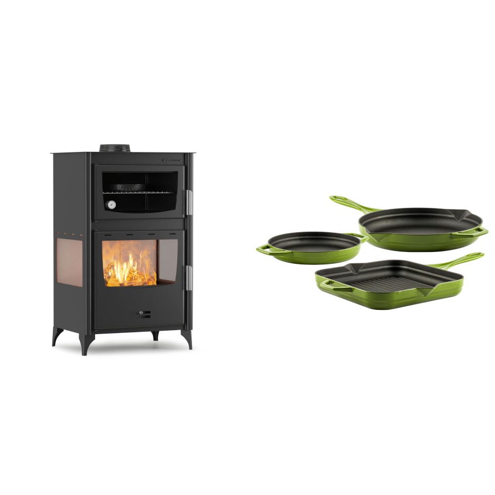 Set Kaminofen, Holzofen mit Backfach Velmora Fire ATS 90-30 3SIDE, 15.18kW + Gusseisen Topf Set aus 3 teilen Solagio, Bamboo