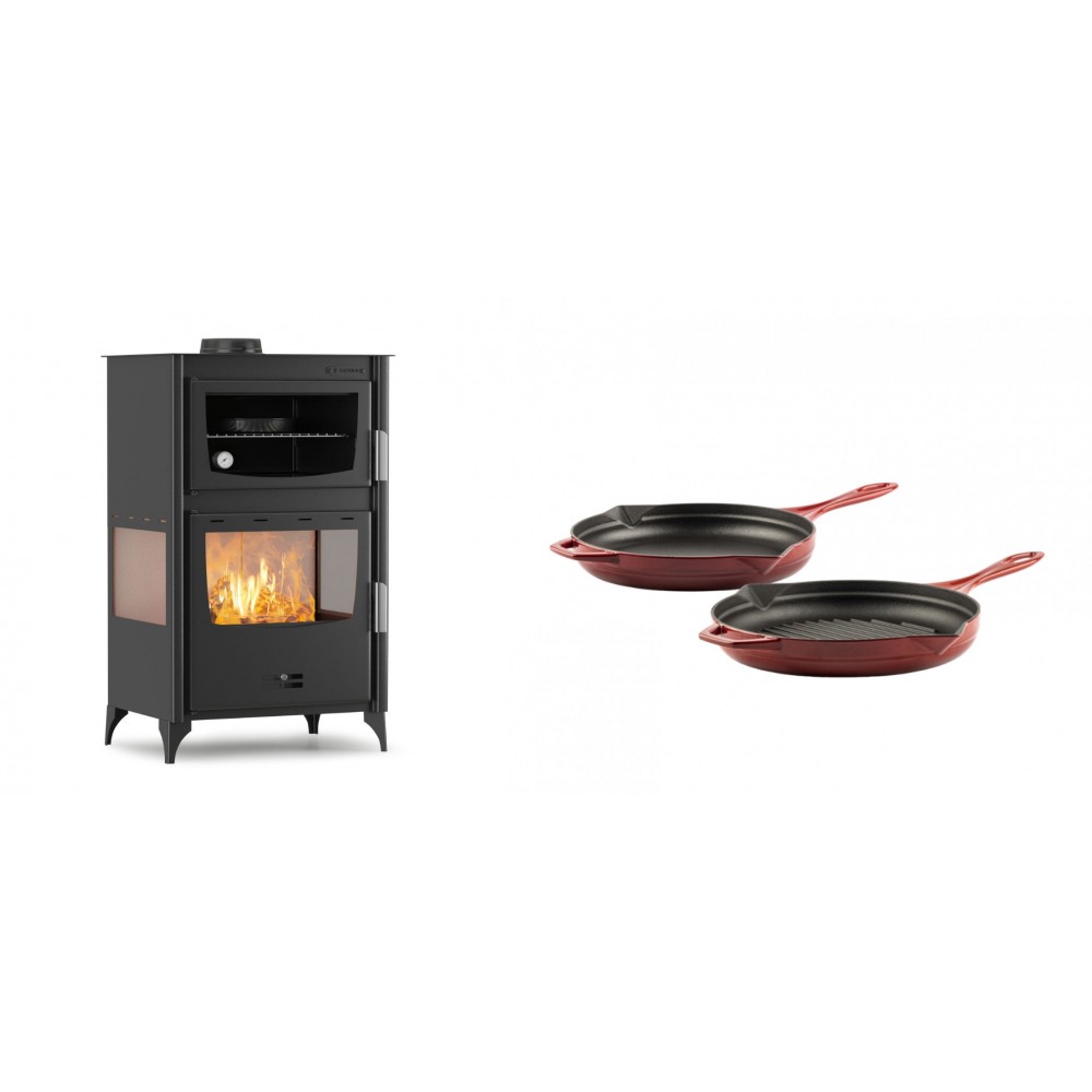 Set Kaminofen, Holzofen mit Backfach Velmora Fire ATS 90-30 3SIDE, 15.18kW + Gusseisen Topf Set aus 2 teilen Solagio, Rubin