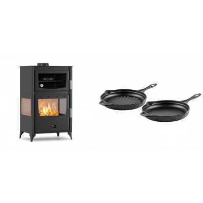 Set Kaminofen, Holzofen mit Backfach Velmora Fire ATS 90-30 3SIDE, 15.18kW + Gusseisen Topf Set aus 2 teilen Solagio, Black Onyx - Kaminofen - Holzofen mit Backfach