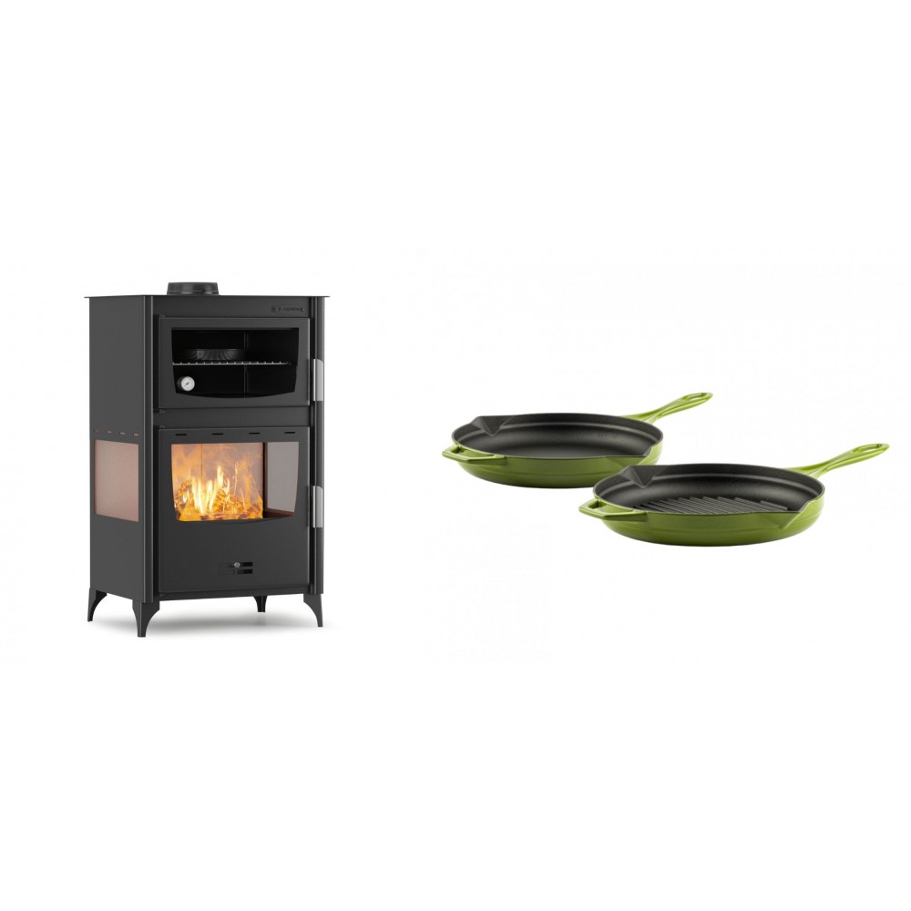 Set Kaminofen, Holzofen mit Backfach Velmora Fire ATS 90-30 3SIDE, 15.18kW + Gusseisen Topf Set aus 2 teilen Solagio, Bamboo