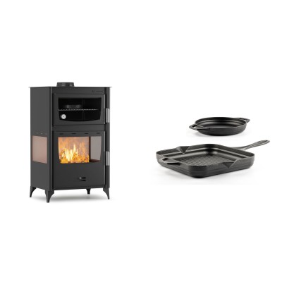 Set Kaminofen, Holzofen mit Backfach Velmora Fire ATS 90-30 3SIDE, 15.18kW + Gusseisen Topf Set aus 2 teilen Solagio, Black Onyx - Kaminofen - Holzofen mit Backfach