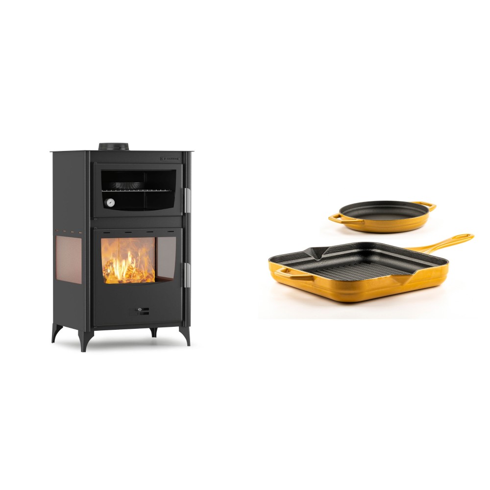 Set Kaminofen, Holzofen mit Backfach Velmora Fire ATS 90-30 3SIDE, 15.18kW + Gusseisen Topf Set aus 2 teilen Solagio, Dijon