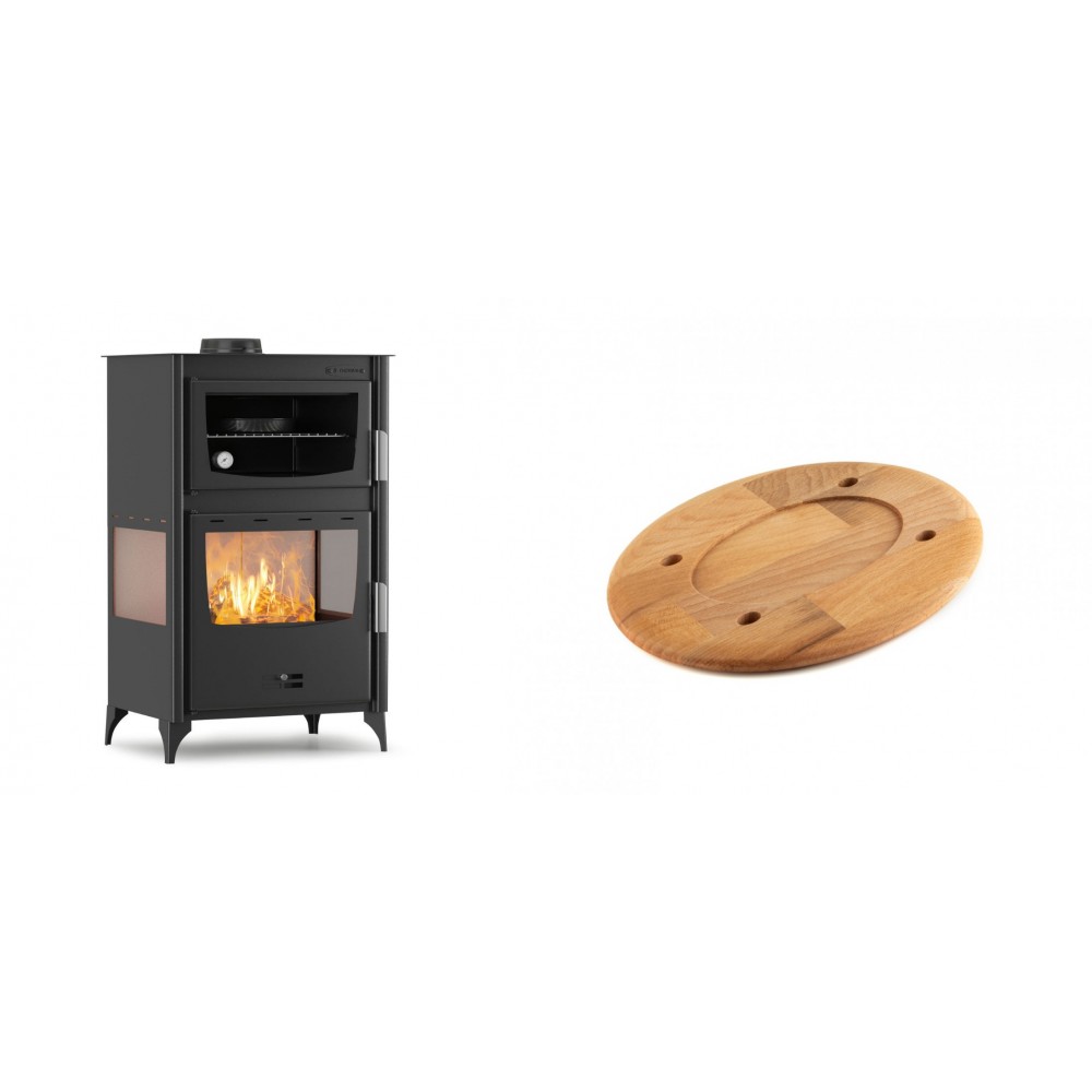 Set Kaminofen, Holzofen mit Backfach Velmora Fire ATS 90-30 3SIDE, 15.18kW + Holz untersetzer für ovale platte Solagio HSOISK1728, 17x28cm
