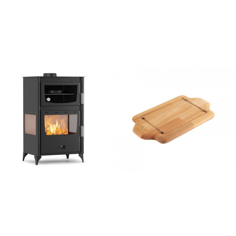 Set Kaminofen, Holzofen mit Backfach Velmora Fire ATS 90-30 3SIDE, 15.18kW + Holz untersetzer für mini-gusseisenplatte Solagio HSDDHP1522