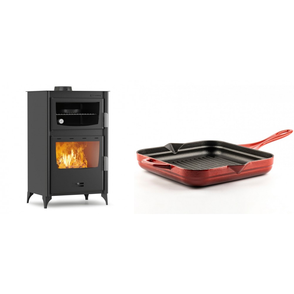 Set Kaminofen, Holzofen mit Backfach Velmora Fire ATS 90-30 ΜΑSΙΝΑ, 15.18kW + Emaillierte grillpfanne Gusseisen Solagio, Rubin, 28x28cm