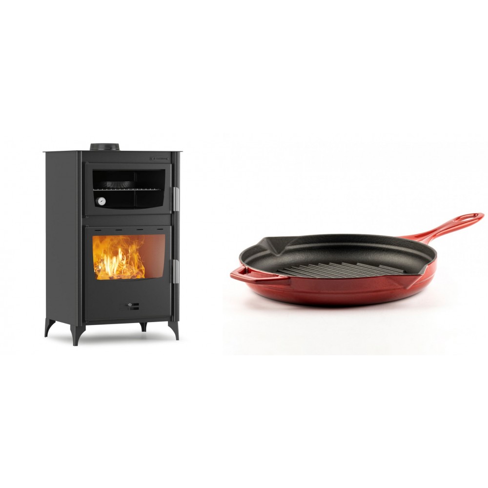 Set Kaminofen, Holzofen mit Backfach Velmora Fire ATS 90-30 ΜΑSΙΝΑ, 15.18kW + Emaillierte grillpfanne Gusseisen Solagio, Rubin, Ф28cm | Holzofen | Kaminofen |