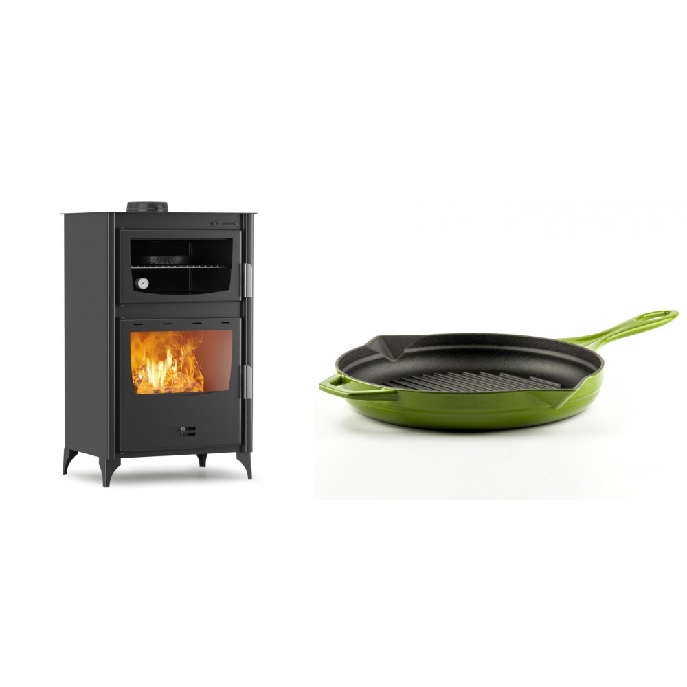 Set Kaminofen, Holzofen mit Backfach Velmora Fire ATS 90-30 ΜΑSΙΝΑ, 15.18kW + Emaillierte grillpfanne Gusseisen Solagio, Bamboo, Ф28cm