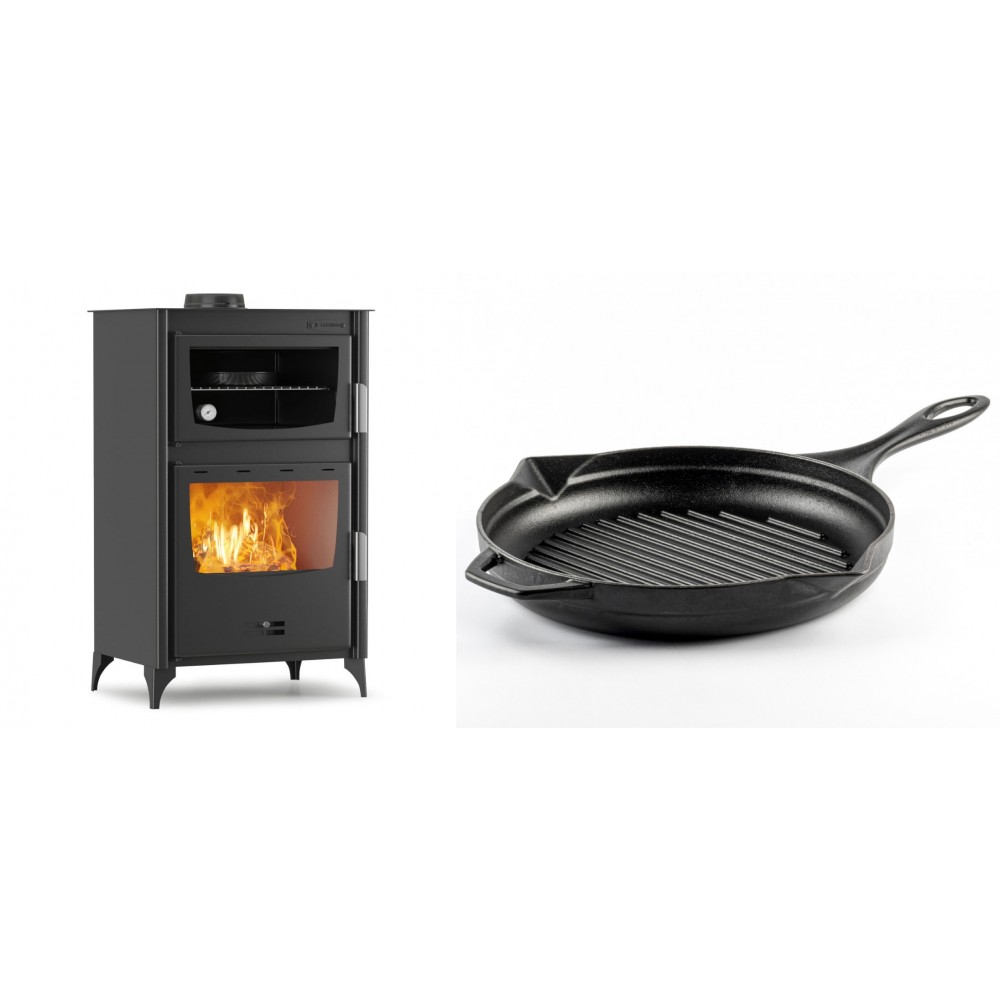 Set Kaminofen, Holzofen mit Backfach Velmora Fire ATS 90-30 ΜΑSΙΝΑ, 15.18kW + Emaillierte grillpfanne Gusseisen Solagio, Black Onyx, Ф28cm