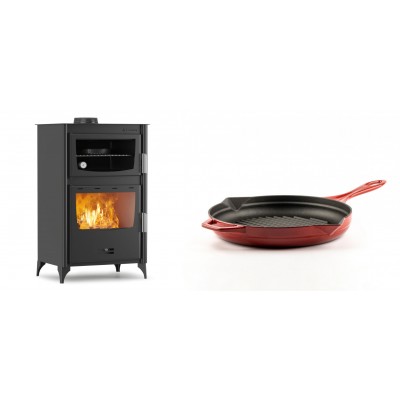 Set Kaminofen, Holzofen mit Backfach Velmora Fire ATS 90-30 ΜΑSΙΝΑ, 15.18kW + Emaillierte grillpfanne Gusseisen Solagio, Rubin, Ф24cm - Kaminofen - Holzofen mit Backfach
