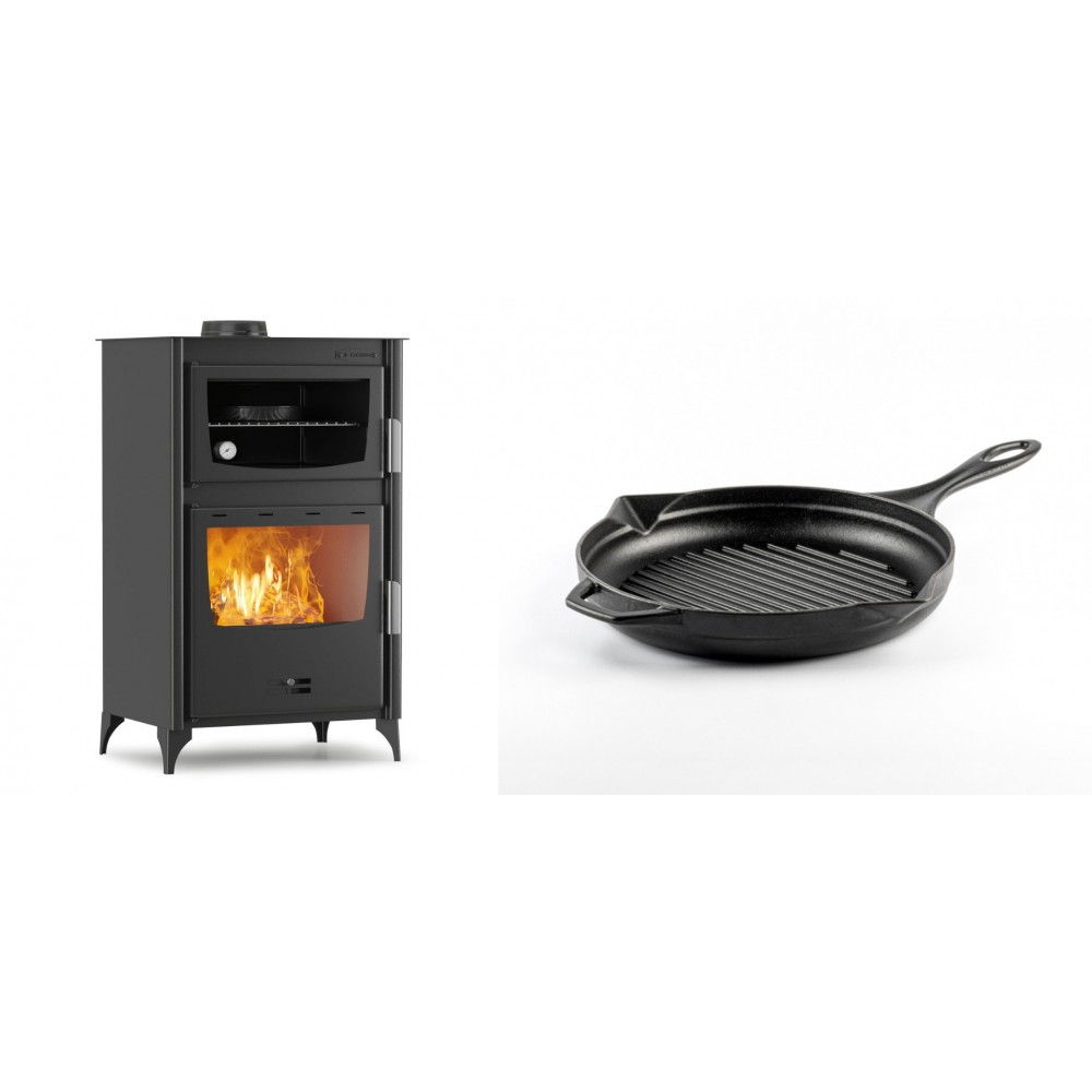 Set Kaminofen, Holzofen mit Backfach Velmora Fire ATS 90-30 ΜΑSΙΝΑ, 15.18kW + Emaillierte grillpfanne Gusseisen Solagio, Black Onyx, Ф24cm | Holzofen | Kaminofen |