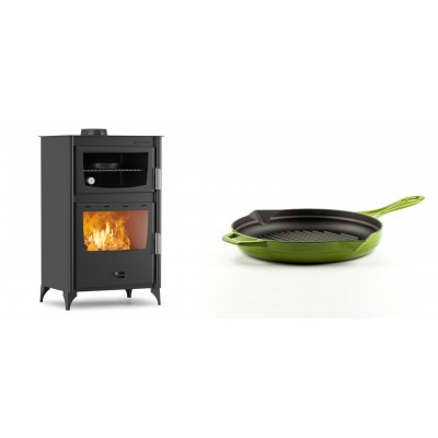 Set Kaminofen, Holzofen mit Backfach Velmora Fire ATS 90-30 ΜΑSΙΝΑ, 15.18kW + Emaillierte grillpfanne Gusseisen Solagio, Bamboo, Ф24cm - Kaminofen - Holzofen mit Backfach