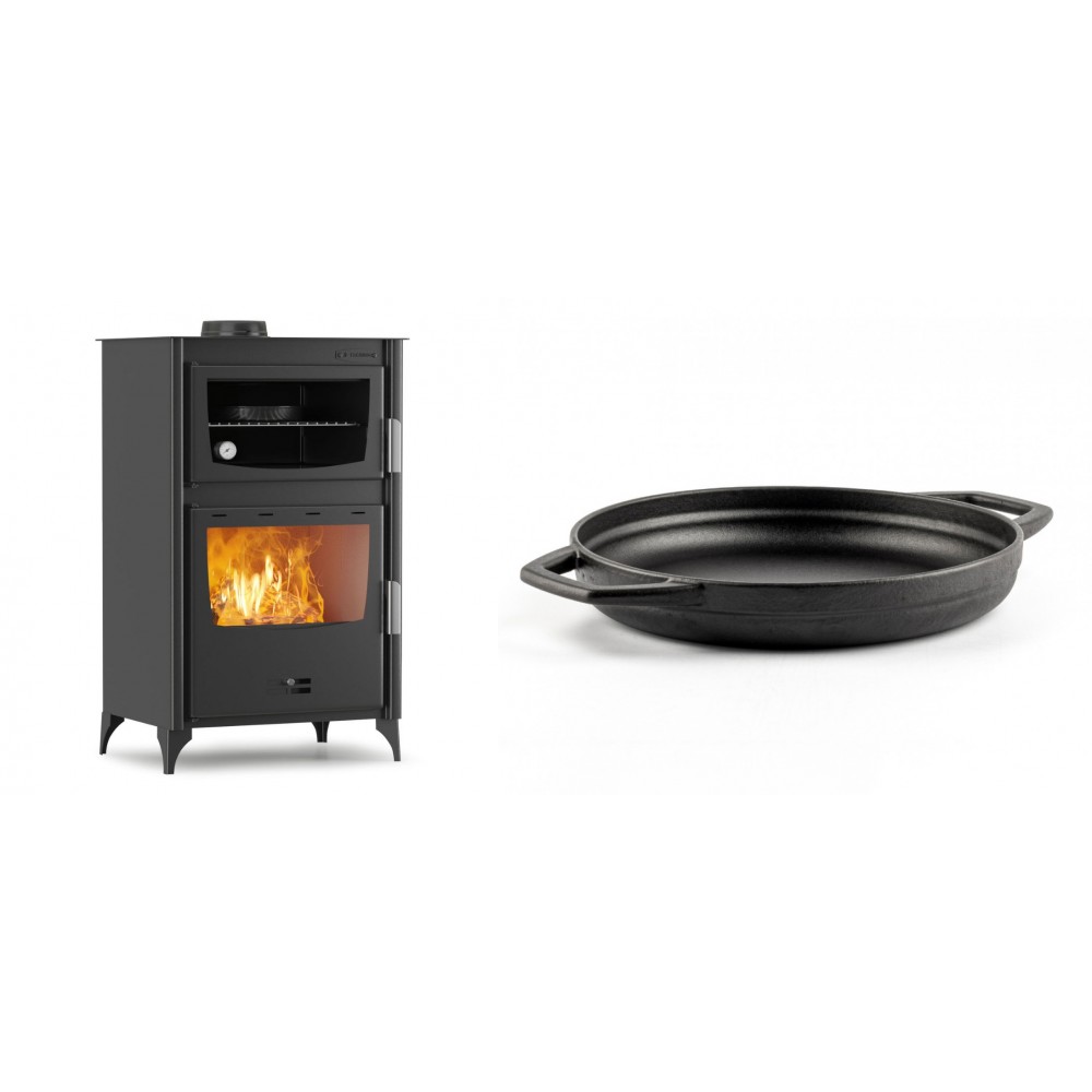 Set Kaminofen, Holzofen mit Backfach Velmora Fire ATS 90-30 ΜΑSΙΝΑ, 15.18kW + Emaillierte gusseisenpfanne mit zwei Griffen Solagio, Black Onyx, Ф22cm