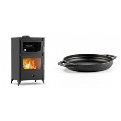 Set Kaminofen, Holzofen mit Backfach Velmora Fire ATS 90-30 ΜΑSΙΝΑ, 15.18kW + Emaillierte gusseisenpfanne mit zwei Griffen Solagio, Black Onyx, Ф22cm - Kaminofen - Holzofen mit Backfach