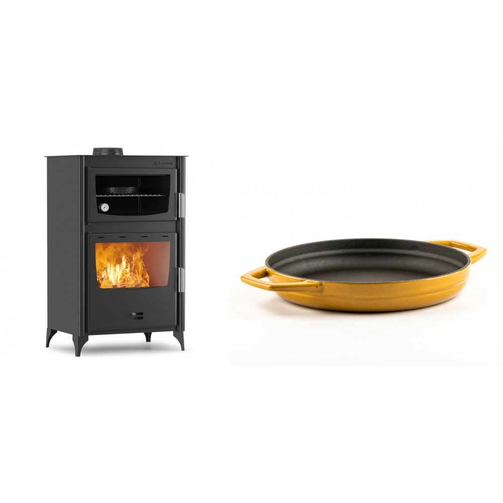 Set Kaminofen, Holzofen mit Backfach Velmora Fire ATS 90-30 ΜΑSΙΝΑ, 15.18kW + Emaillierte gusseisenpfanne mit zwei Griffen Solagio, Dijon, Ф22cm