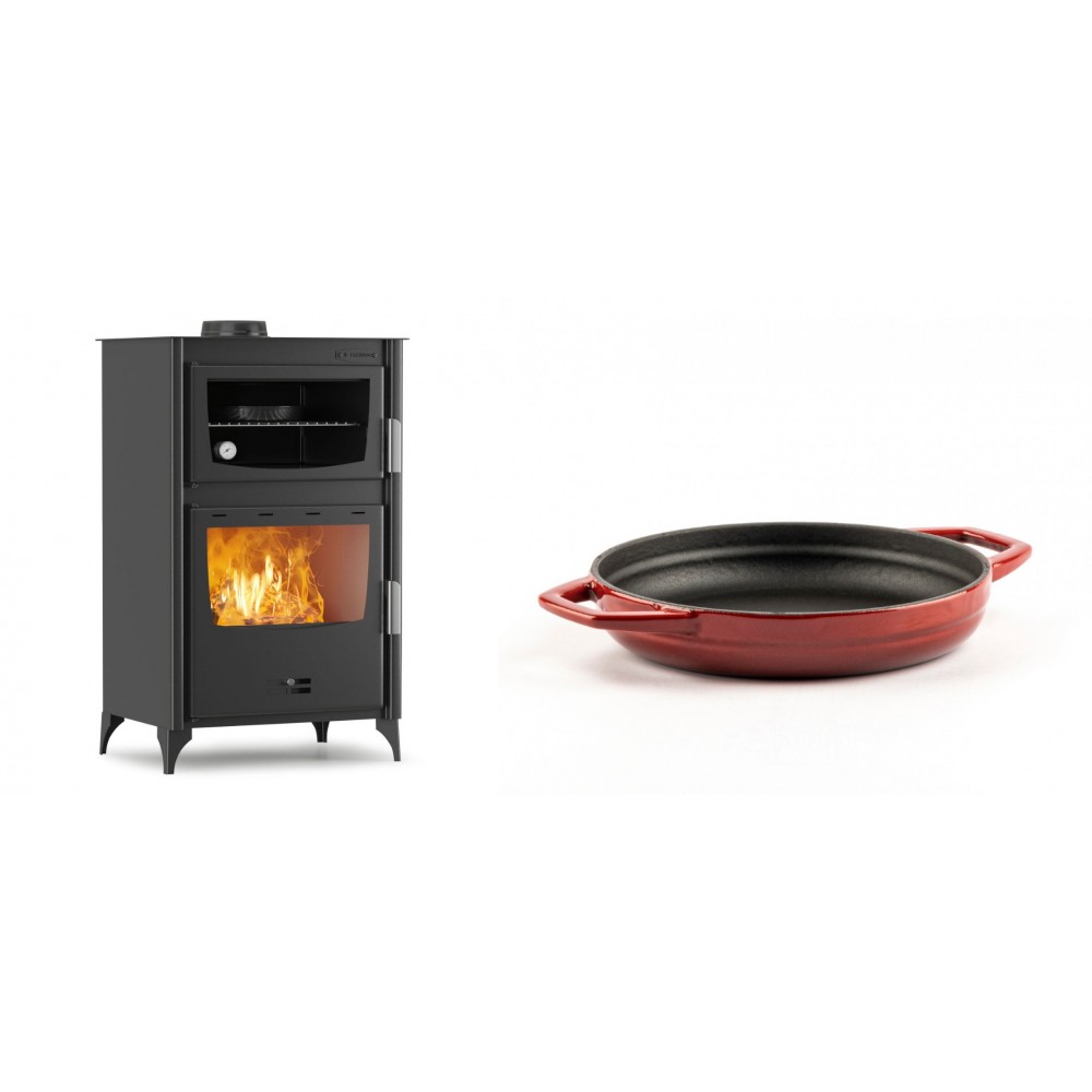 Set Kaminofen, Holzofen mit Backfach Velmora Fire ATS 90-30 ΜΑSΙΝΑ, 15.18kW + Emaillierte gusseisenpfanne mit zwei Griffen Solagio, Rubin, Ф19cm