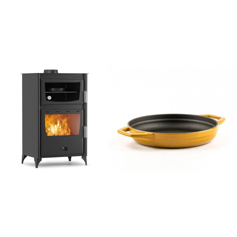Set Kaminofen, Holzofen mit Backfach Velmora Fire ATS 90-30 ΜΑSΙΝΑ, 15.18kW + Emaillierte gusseisenpfanne mit zwei Griffen Solagio, Dijon, Ф19cm
