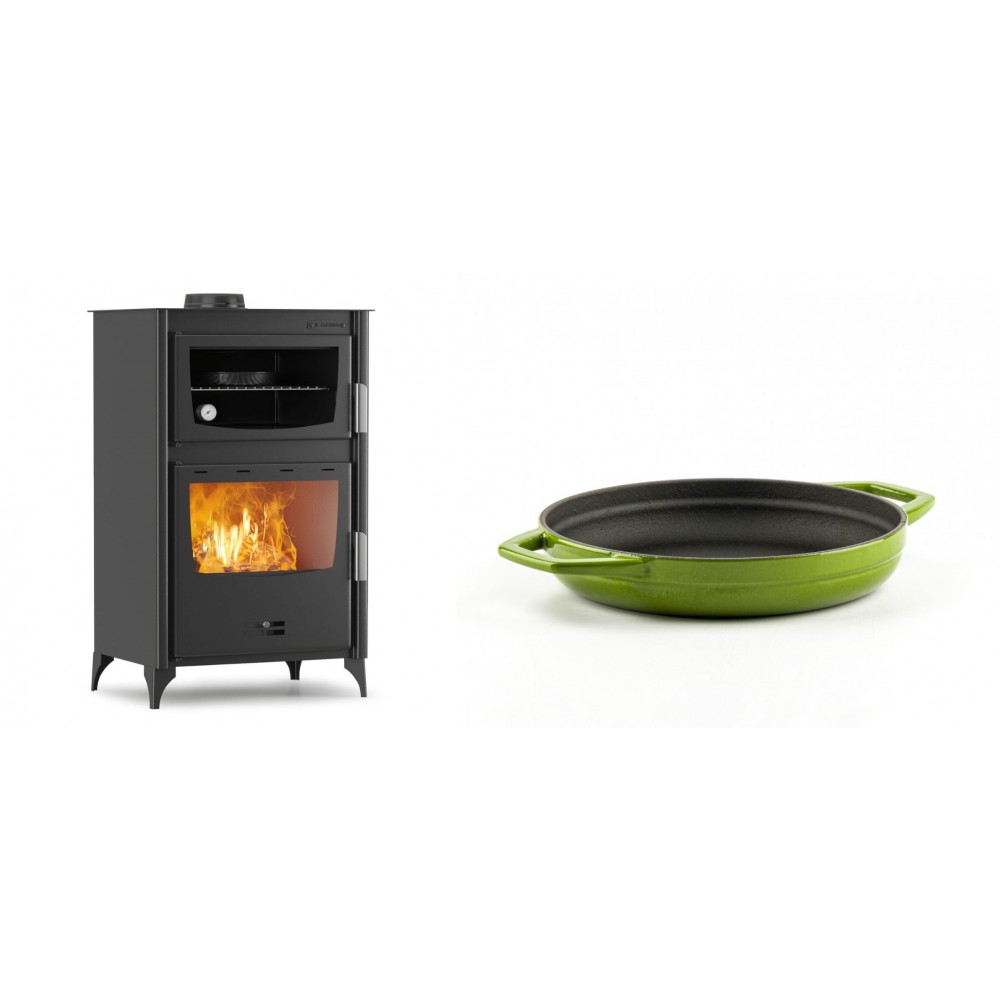 Set Kaminofen, Holzofen mit Backfach Velmora Fire ATS 90-30 ΜΑSΙΝΑ, 15.18kW + Emaillierte gusseisenpfanne mit zwei Griffen Solagio, Bamboo, Ф19cm | Holzofen | Kaminofen |