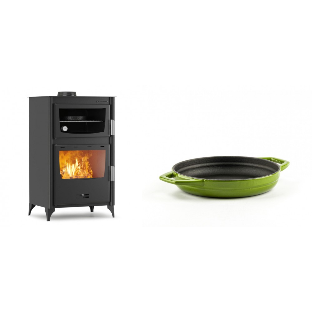 Set Kaminofen, Holzofen mit Backfach Velmora Fire ATS 90-30 ΜΑSΙΝΑ, 15.18kW + Emaillierte gusseisenpfanne mit zwei Griffen Solagio, Bamboo, Ф16cm
