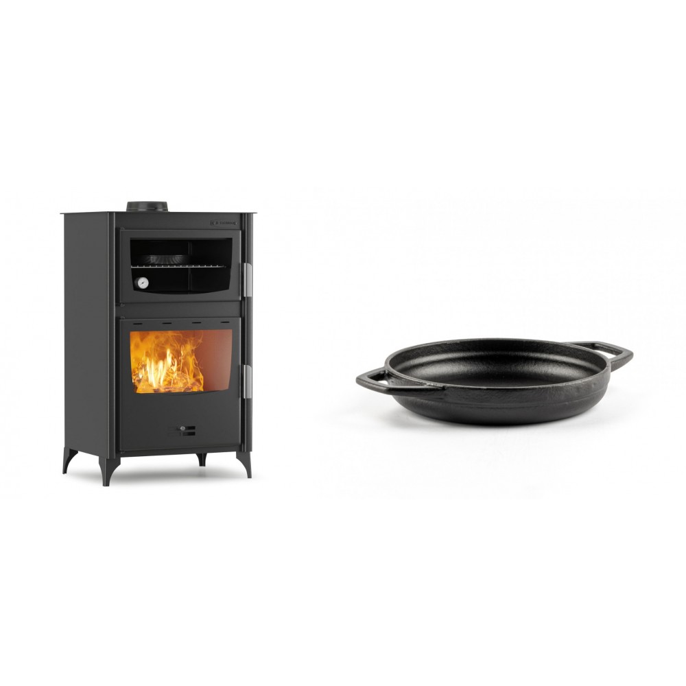Set Kaminofen, Holzofen mit Backfach Velmora Fire ATS 90-30 ΜΑSΙΝΑ, 15.18kW + Emaillierte gusseisenpfanne mit zwei Griffen Solagio, Black Onyx, Ф16cm | Holzofen | Kaminofen |