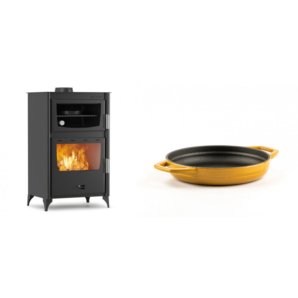 Set Kaminofen, Holzofen mit Backfach Velmora Fire ATS 90-30 ΜΑSΙΝΑ, 15.18kW + Emaillierte gusseisenpfanne mit zwei Griffen Solagio, Dijon, Ф16cm | Holzofen | Kaminofen |