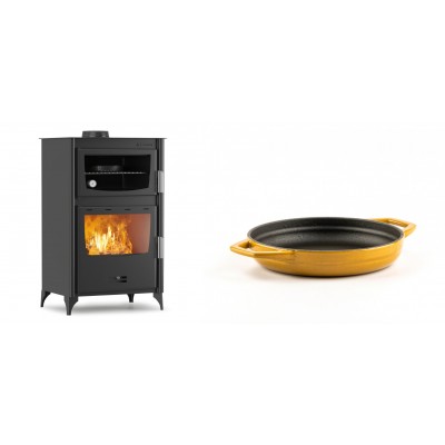 Set Kaminofen, Holzofen mit Backfach Velmora Fire ATS 90-30 ΜΑSΙΝΑ, 15.18kW + Emaillierte gusseisenpfanne mit zwei Griffen Solagio, Dijon, Ф16cm - Kaminofen - Holzofen mit Backfach