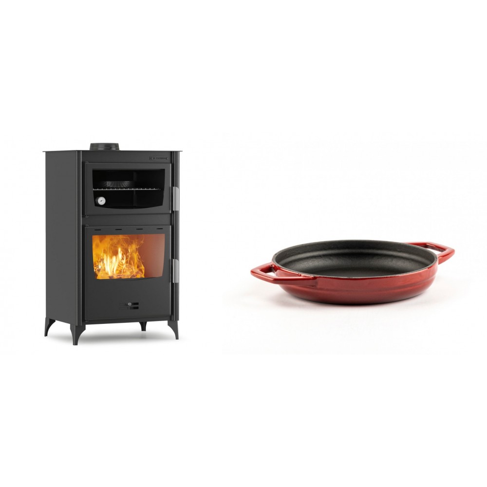 Set Kaminofen, Holzofen mit Backfach Velmora Fire ATS 90-30 ΜΑSΙΝΑ, 15.18kW + Emaillierte gusseisenpfanne mit zwei Griffen Solagio, Rubin, Ф16cm