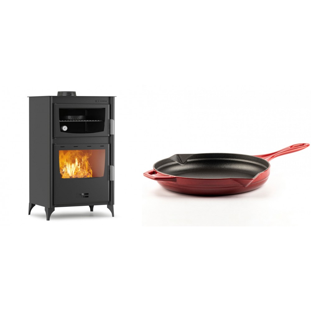 Set Kaminofen, Holzofen mit Backfach Velmora Fire ATS 90-30 ΜΑSΙΝΑ, 15.18kW + Emaillierte Gusseisenpfanne Solagio, Rubin, Ф28cm