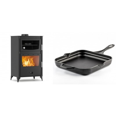 Set Kaminofen, Holzofen mit Backfach Velmora Fire ATS 90-30 ΜΑSΙΝΑ, 15.18kW + Emaillierte Gusseisenpfanne Solagio, Black Onyx, 28x28cm - Kaminofen - Holzofen mit Backfach