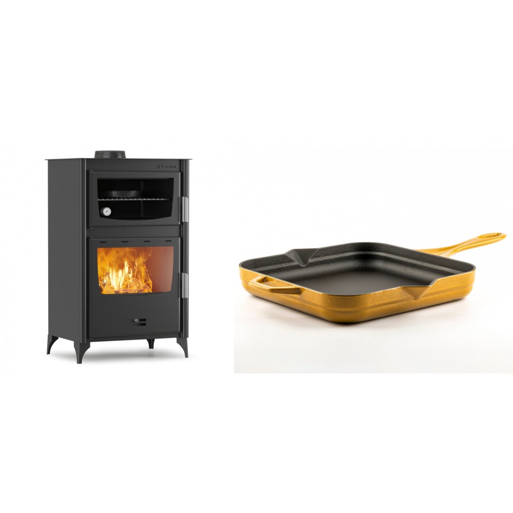Set Kaminofen, Holzofen mit Backfach Velmora Fire ATS 90-30 ΜΑSΙΝΑ, 15.18kW + Emaillierte Gusseisenpfanne Solagio, Dijon, 28x28cm