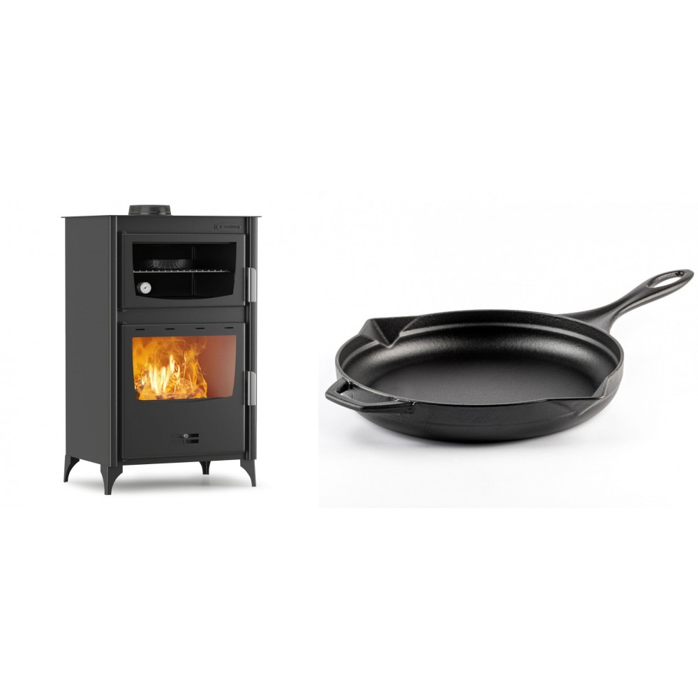 Set Kaminofen, Holzofen mit Backfach Velmora Fire ATS 90-30 ΜΑSΙΝΑ, 15.18kW + Emaillierte Gusseisenpfanne Solagio, Black Onyx, Ф28cm