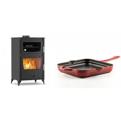 Set Kaminofen, Holzofen mit Backfach Velmora Fire ATS 90-30 ΜΑSΙΝΑ, 15.18kW + Emaillierte Gusseisenpfanne Solagio, Rubin, 28x28cm - Kaminofen - Holzofen mit Backfach