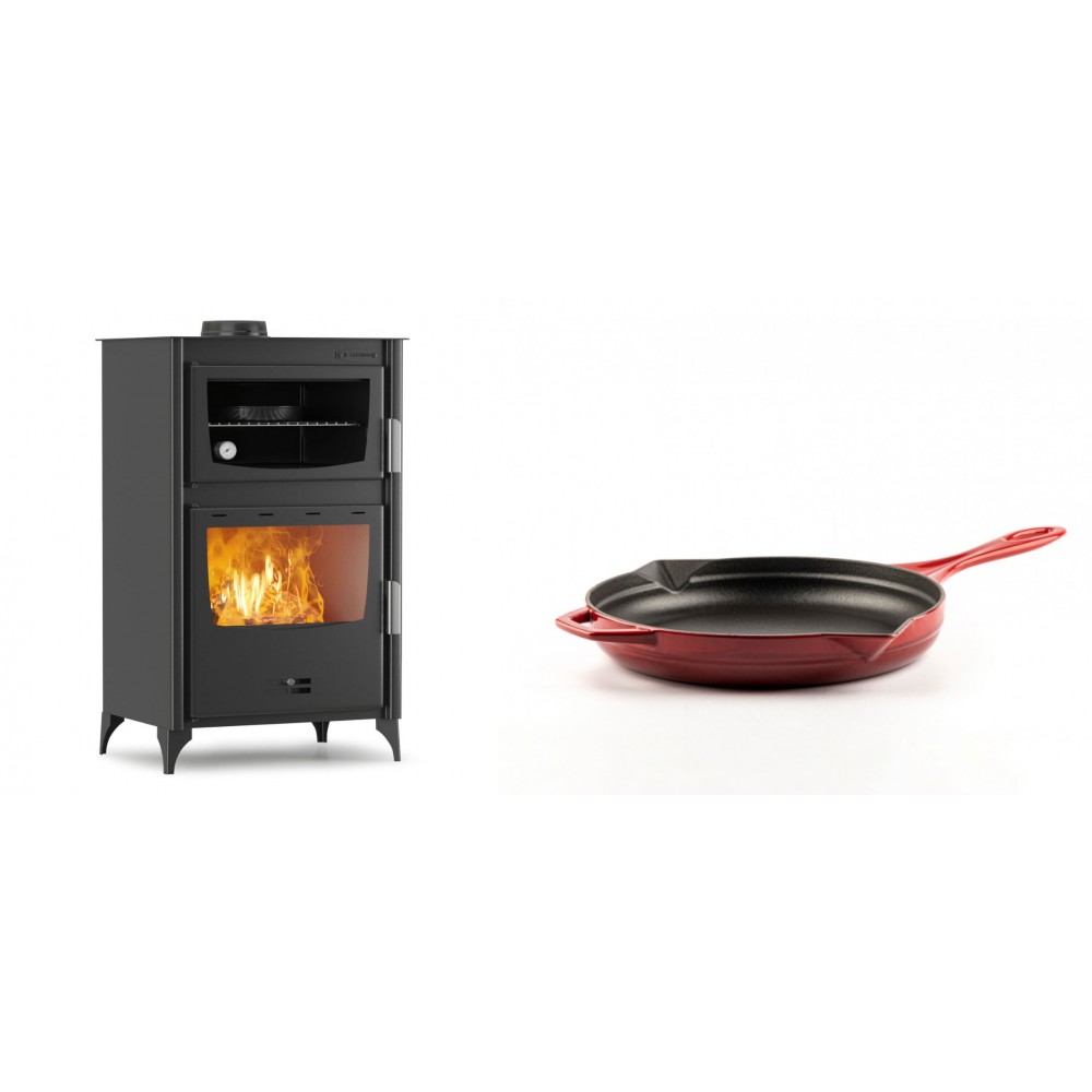 Set Kaminofen, Holzofen mit Backfach Velmora Fire ATS 90-30 ΜΑSΙΝΑ, 15.18kW + Emaillierte Gusseisenpfanne Solagio, Rubin, Ф24cm