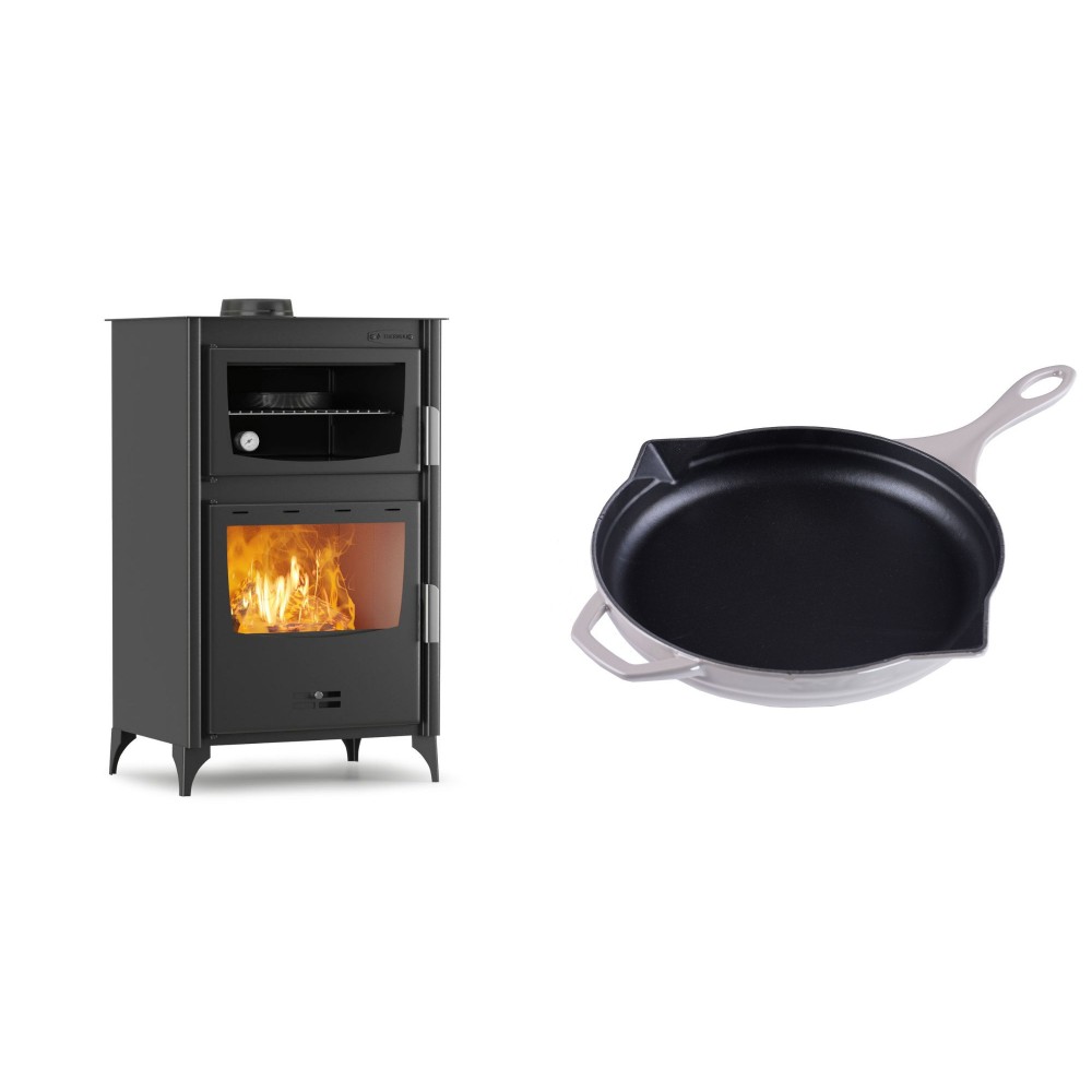 Set Kaminofen, Holzofen mit Backfach Velmora Fire ATS 90-30 ΜΑSΙΝΑ, 15.18kW + Emaillierte Gusseisenpfanne Solagio, Ivory, Ф28cm | Holzofen | Kaminofen |