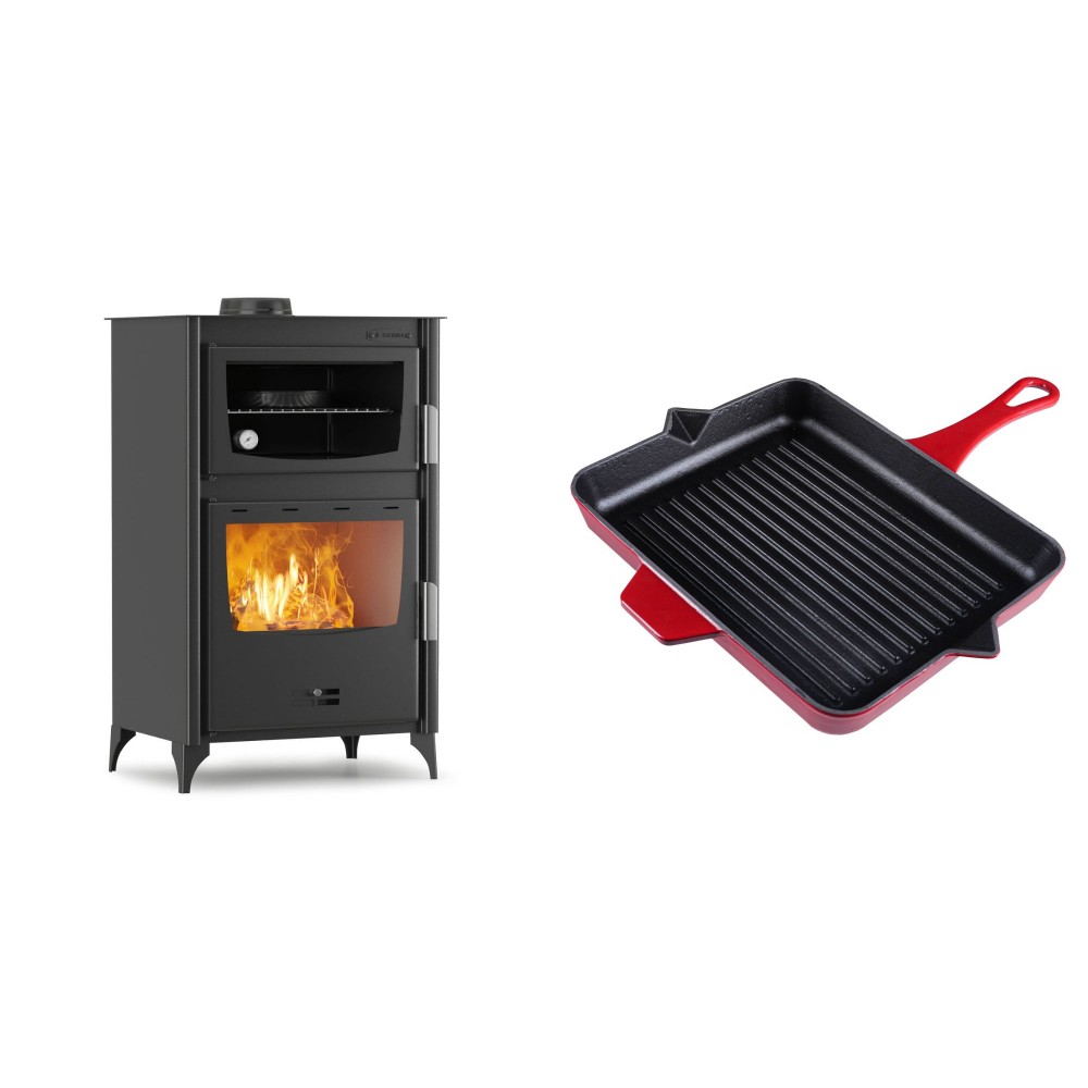 Set Kaminofen, Holzofen mit Backfach Velmora Fire ATS 90-30 ΜΑSΙΝΑ, 15.18kW + Emaillierte grillpfanne Gusseisen Solagio, Rubin, 26x32cm