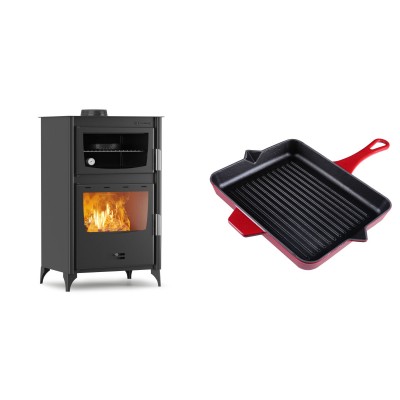 Set Kaminofen, Holzofen mit Backfach Velmora Fire ATS 90-30 ΜΑSΙΝΑ, 15.18kW + Emaillierte grillpfanne Gusseisen Solagio, Rubin, 26x32cm - Kaminofen - Holzofen mit Backfach