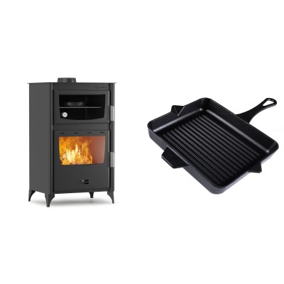 Set Kaminofen, Holzofen mit Backfach Velmora Fire ATS 90-30 ΜΑSΙΝΑ, 15.18kW + Emaillierte grillpfanne Gusseisen Solagio, Black Onyx, 26x32cm - Kaminofen - Holzofen mit Backfach