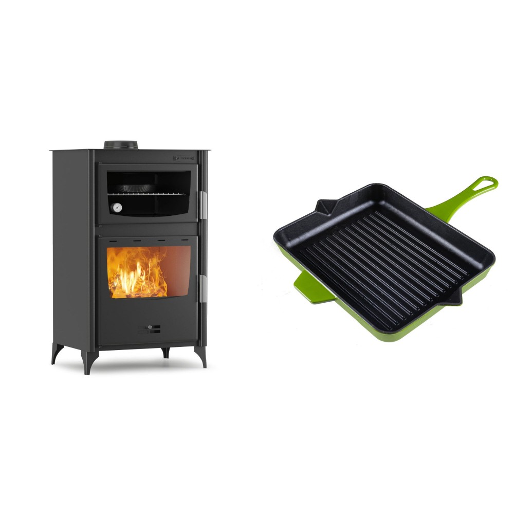 Set Kaminofen, Holzofen mit Backfach Velmora Fire ATS 90-30 ΜΑSΙΝΑ, 15.18kW + Emaillierte grillpfanne Gusseisen Solagio, Bamboo, 26x32cm | Holzofen | Kaminofen |