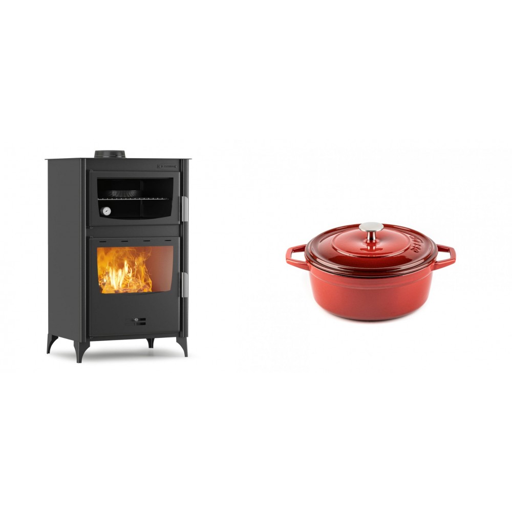 Set Kaminofen, Holzofen mit Backfach Velmora Fire ATS 90-30 ΜΑSΙΝΑ, 15.18kW + Gusseisen Topf Tiefer Solagio, Rubin, Ф12