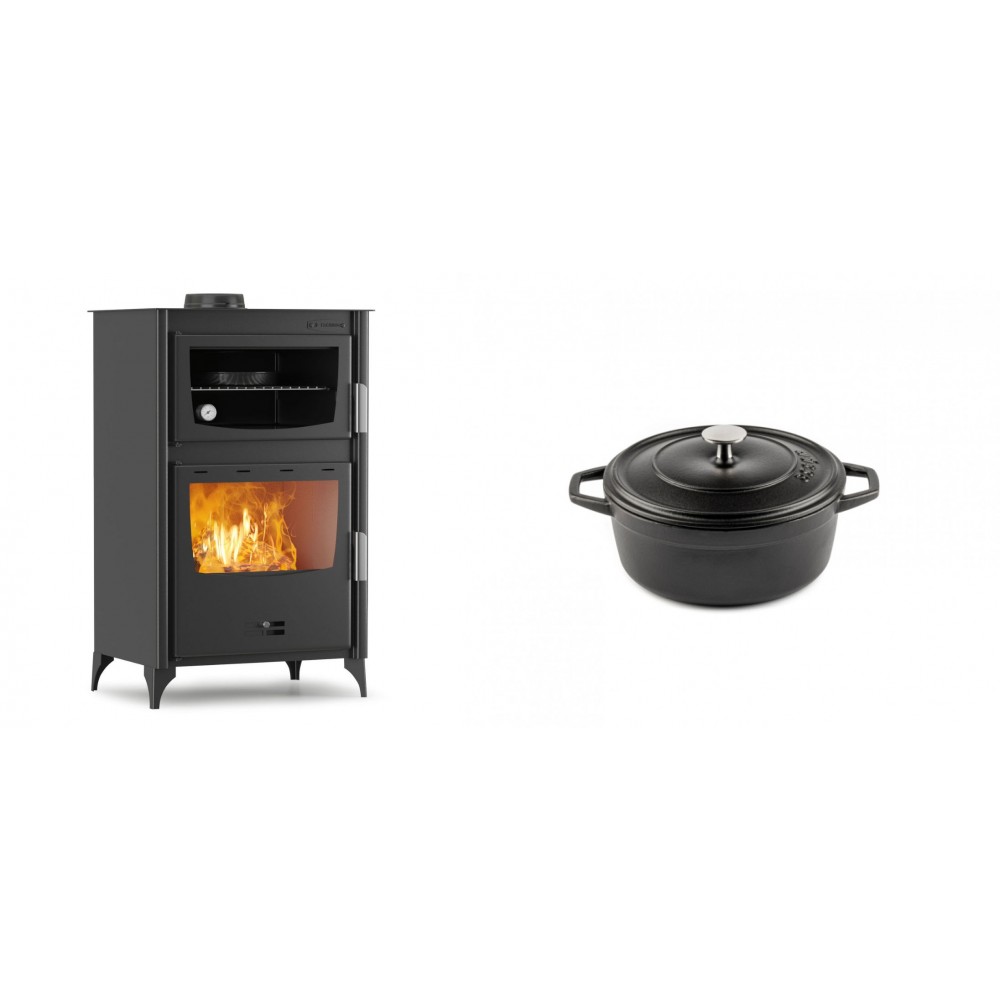 Set Kaminofen, Holzofen mit Backfach Velmora Fire ATS 90-30 ΜΑSΙΝΑ, 15.18kW + Gusseisen Topf Tiefer Solagio, Black Onyx, Ф12 | Holzofen | Kaminofen |