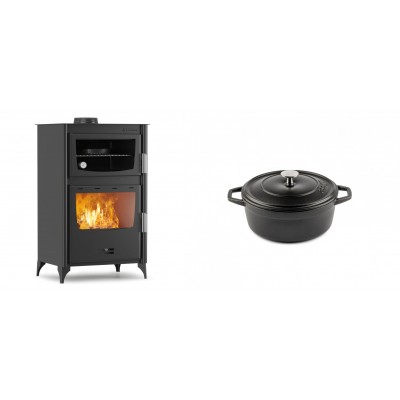 Set Kaminofen, Holzofen mit Backfach Velmora Fire ATS 90-30 ΜΑSΙΝΑ, 15.18kW + Gusseisen Topf Tiefer Solagio, Black Onyx, Ф12 - Kaminofen - Holzofen mit Backfach
