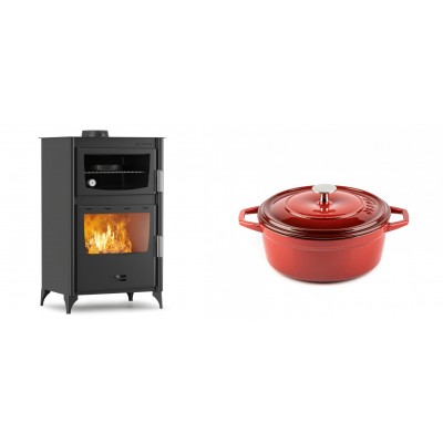 Set Kaminofen, Holzofen mit Backfach Velmora Fire ATS 90-30 ΜΑSΙΝΑ, 15.18kW + Gusseisen Topf Tiefer Solagio, Rubin, Ф20 - Kaminofen - Holzofen mit Backfach